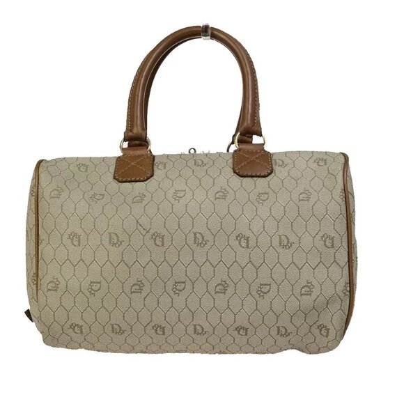CHRISTIAN DIOR Logo Honeycomb Hand Bag Canvas Leather Beige Brown France - Picture 1 of 14